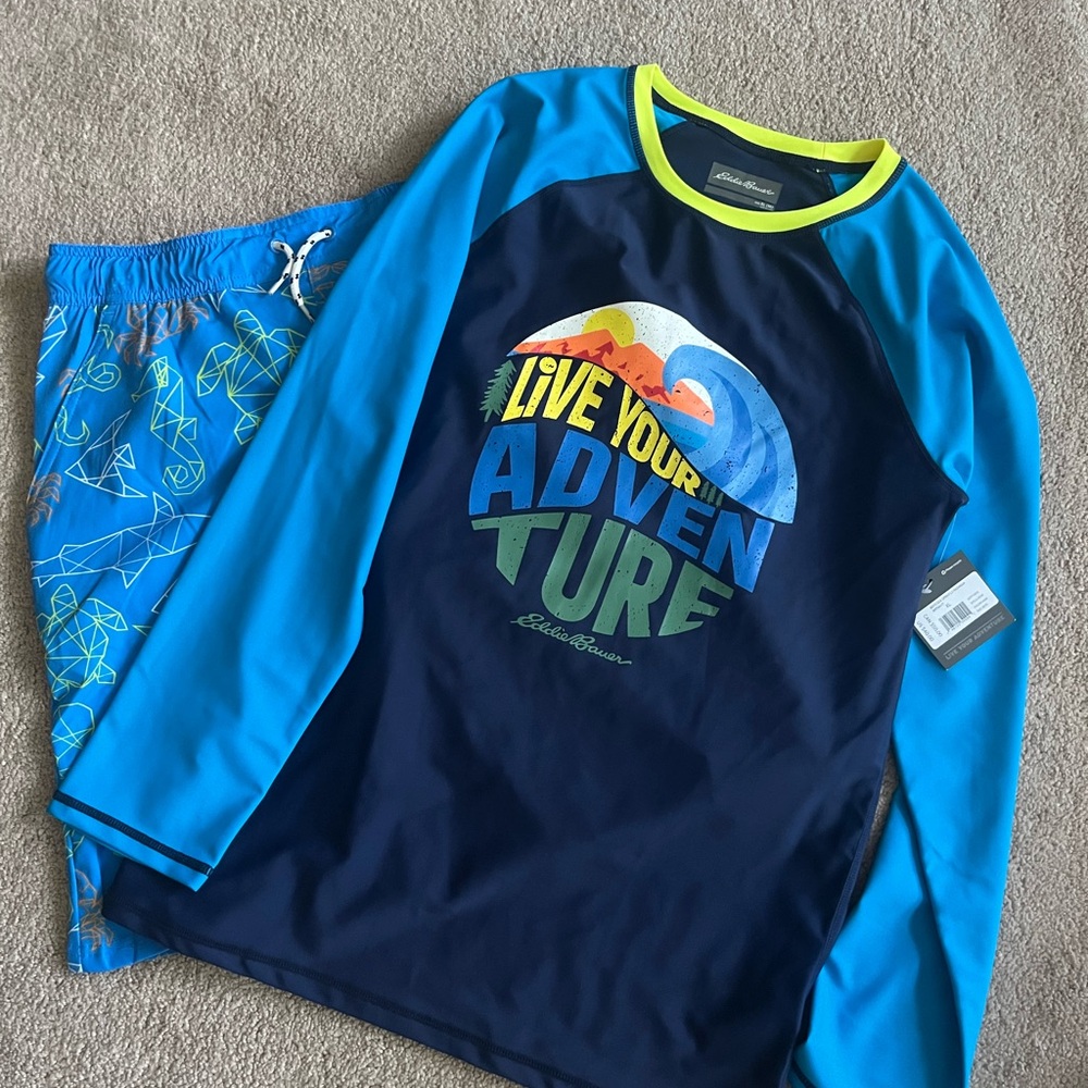 Eddie Bauer Navy & Bright Blue 'Live Your Adventure' Kids Rash Guard Set